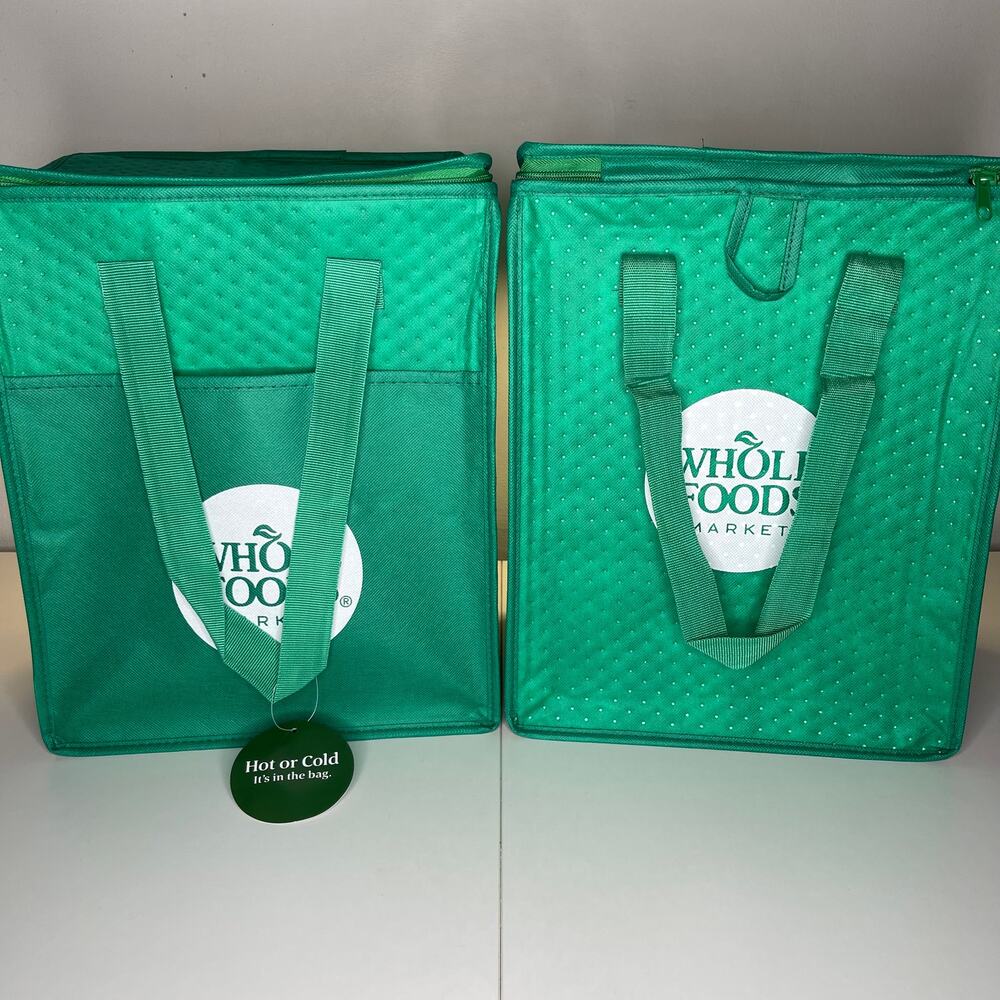 Set of 2! Whole Foods Market Green White Insulated Hot Cold Cooler Tote Bag NEW! - Picture 2 of 15